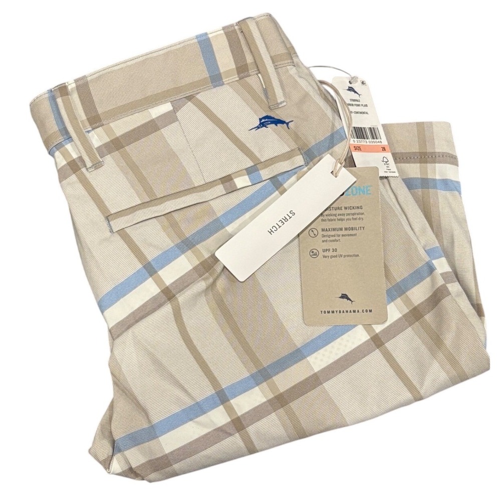 Tommy Bahama Shorts Mens 28 Tan Blue Plaid IslandZone Harbor Point Golf Coastal